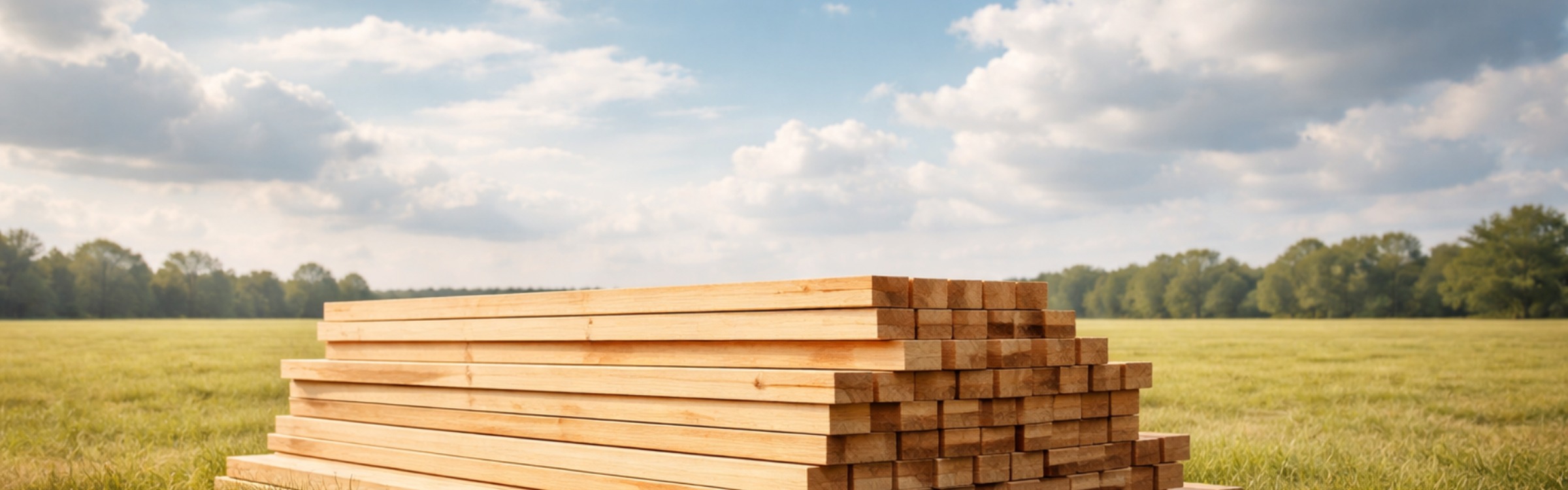 Stacked lumber in a field under clouds