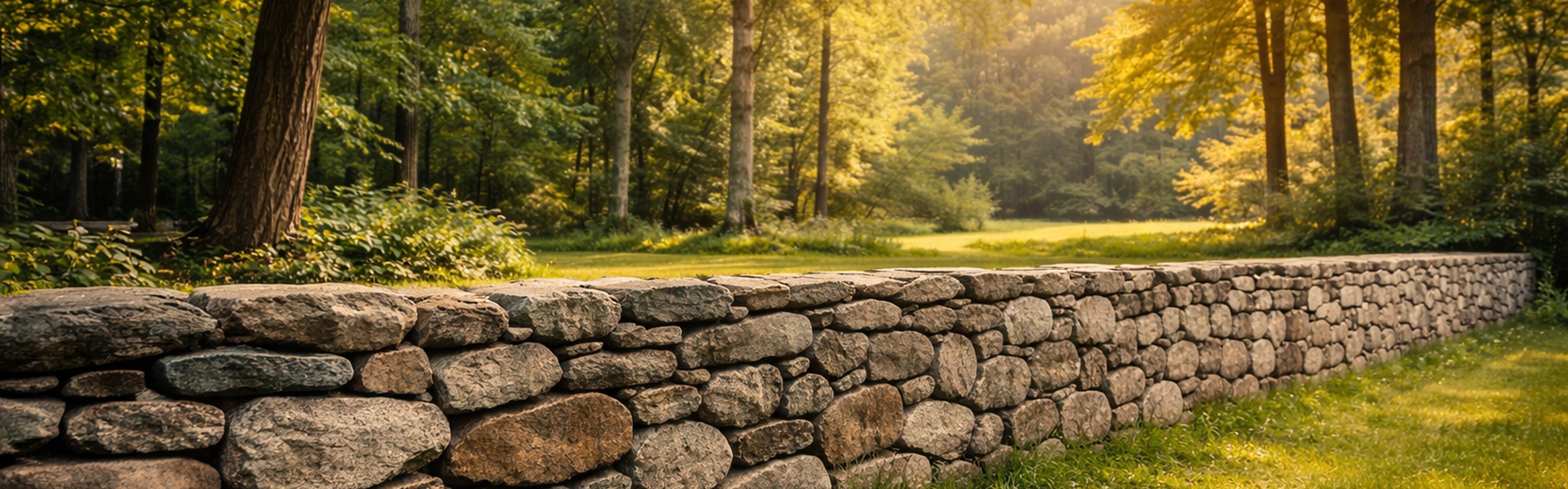 Historic New England stone wall in sunlit woods