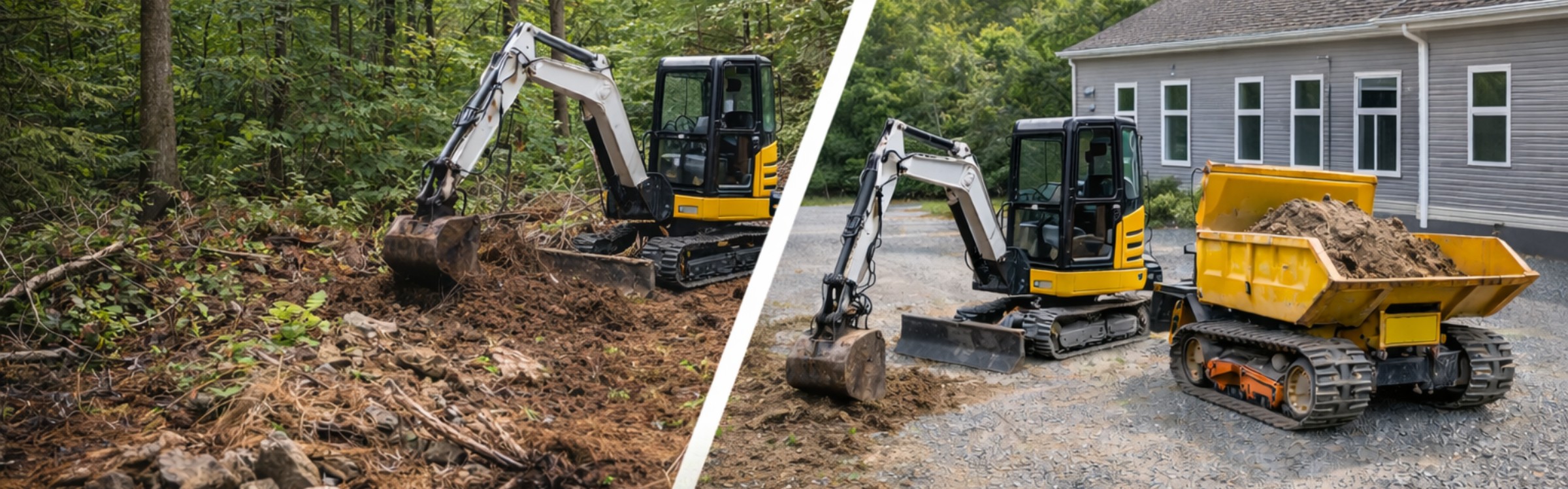 Mini excavator working in the woods and on a gravel lot near a building