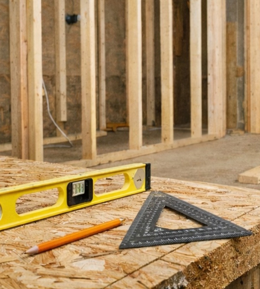 Rough framing scene with tape measure and speed square on subfloor