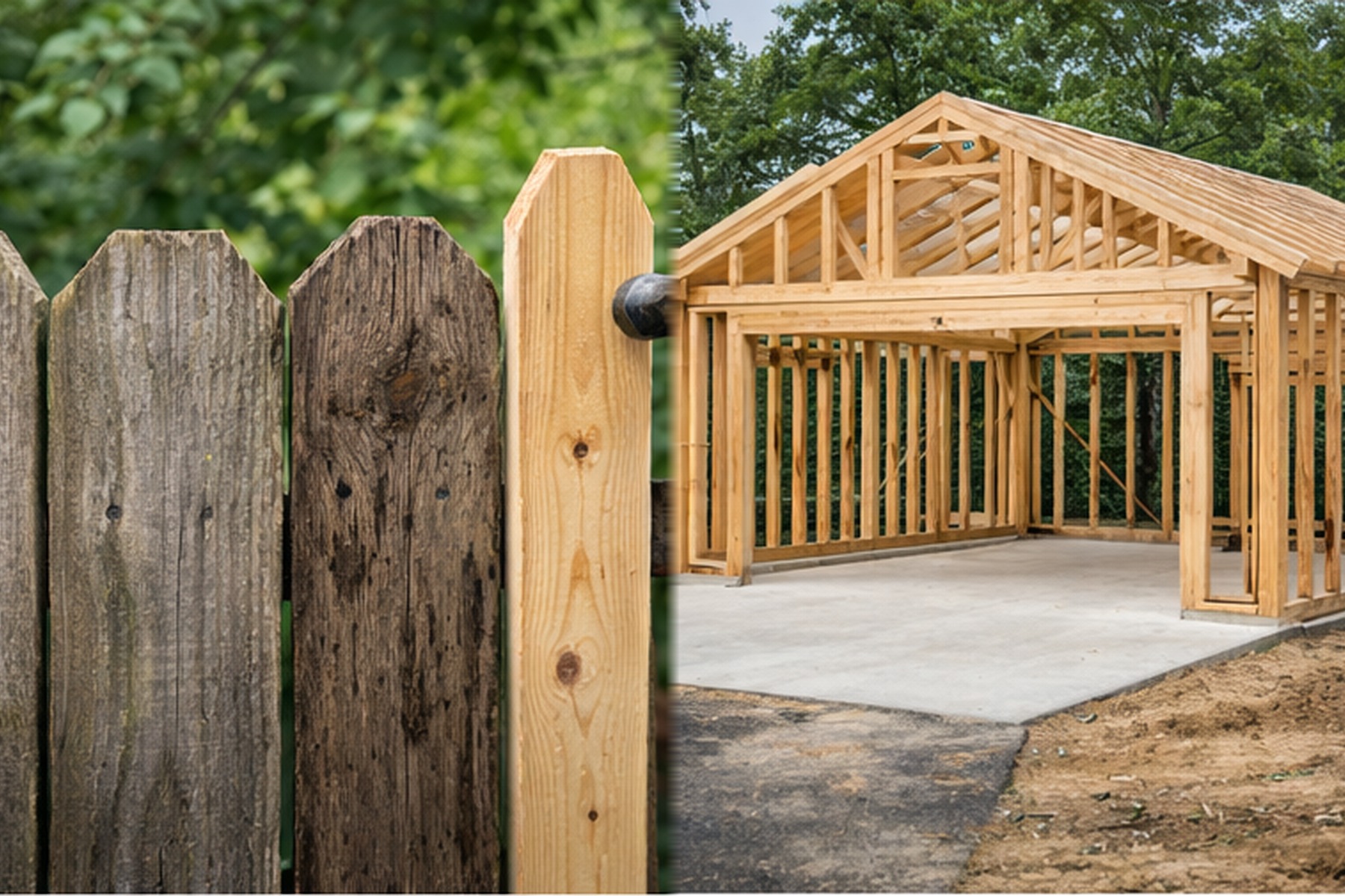 Carpentry repairs and new construction: fence repair on the left and framing build on the right