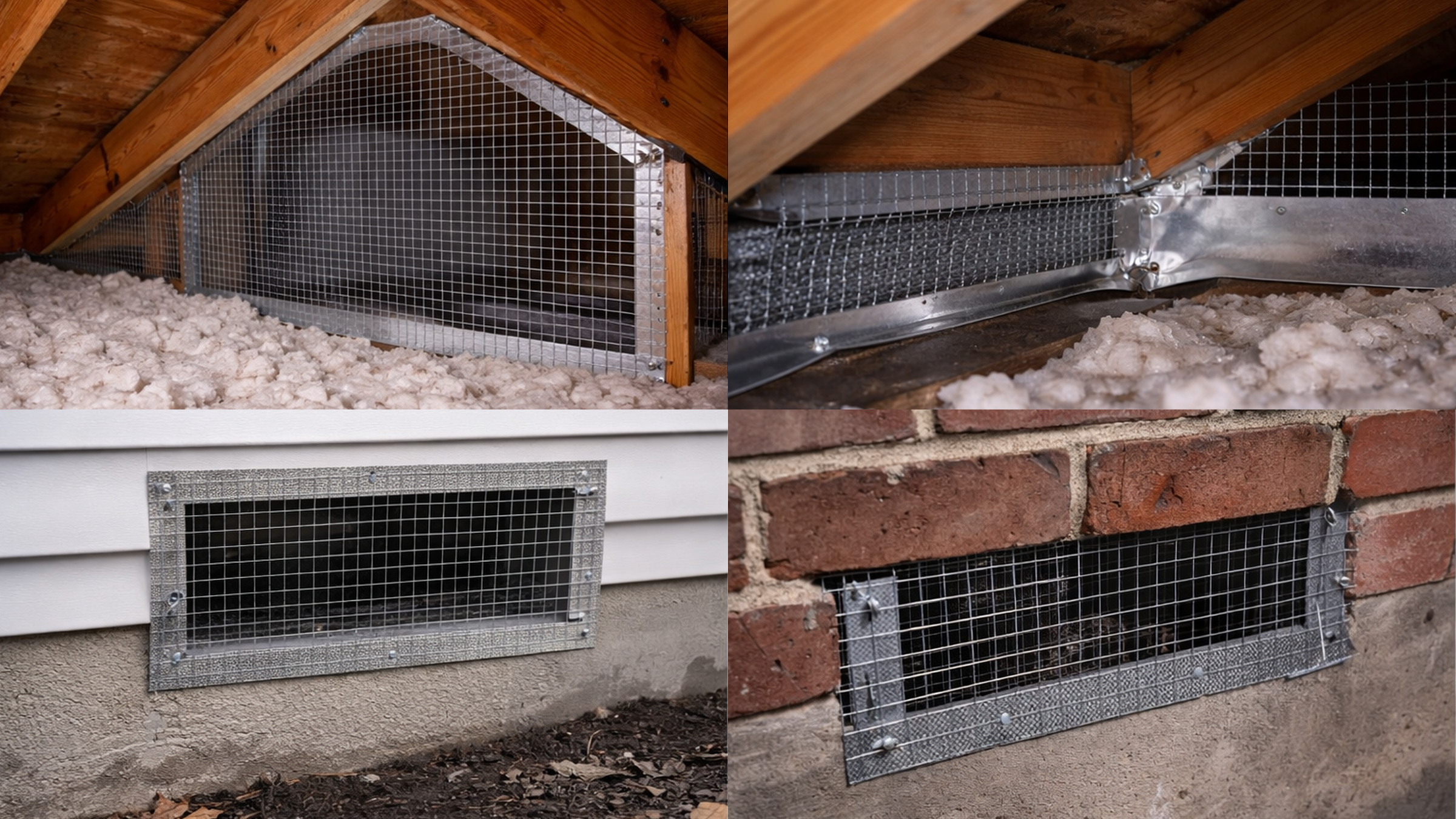 Attic and basement exclusion work showing wire mesh vent and crawlspace sealing
