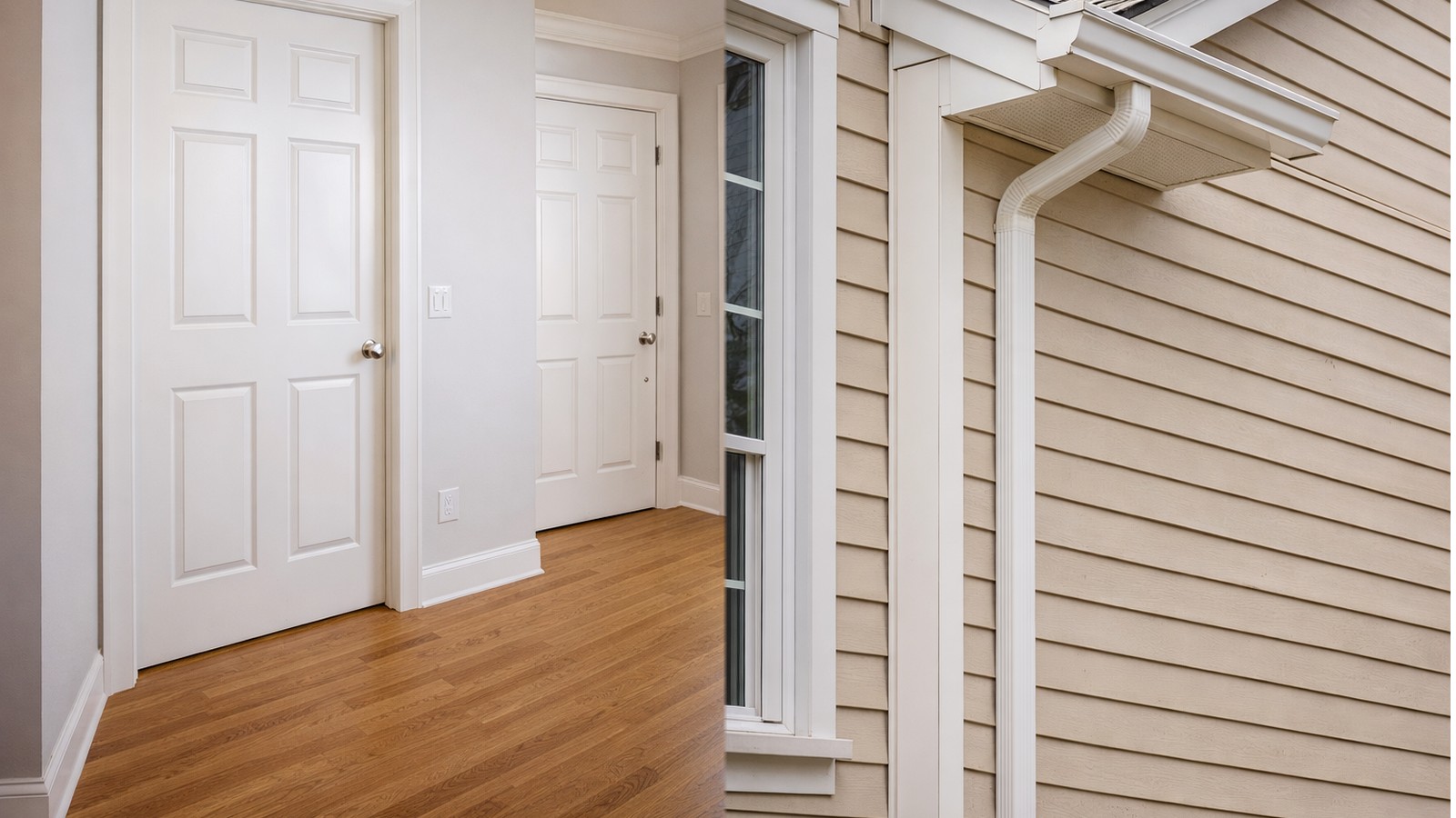 Clean interior doors and baseboard trim paired with an exterior siding corner showing finished trim, fascia, and gutter detail.