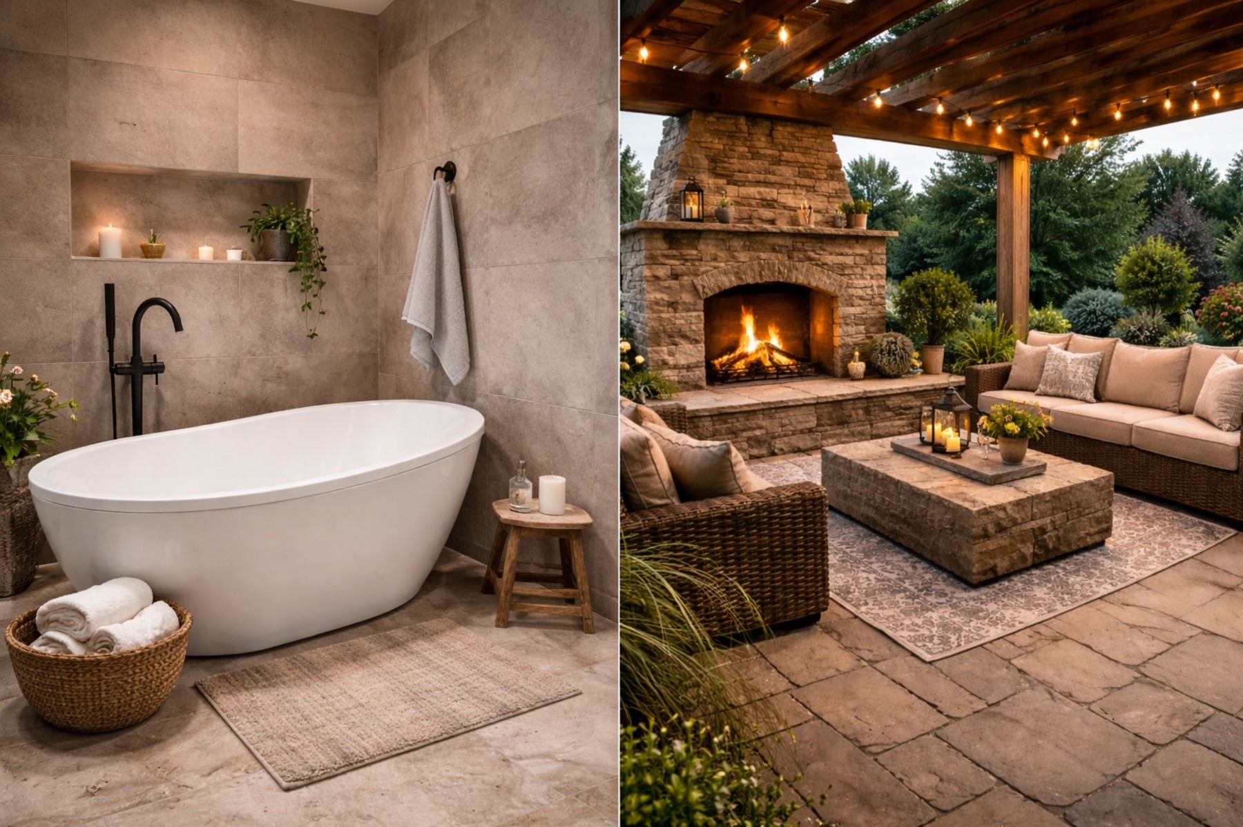Indoor bath and outdoor patio masonry examples
