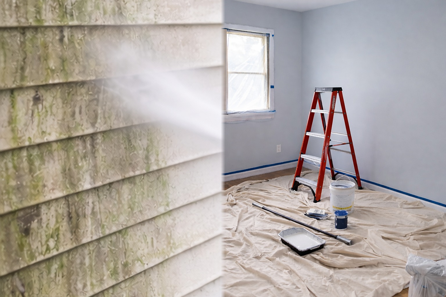 Exterior pressure washing prep on siding next to an interior painting prep scene